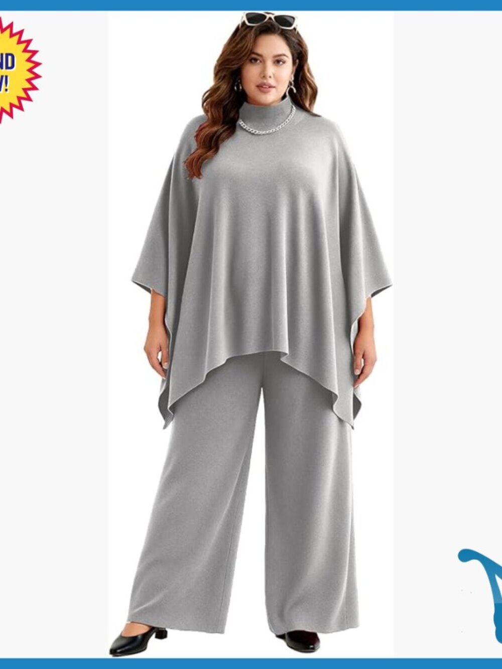 Plus Size Knit Lounge Set Mock Neck Poncho Top Wide Leg Pants